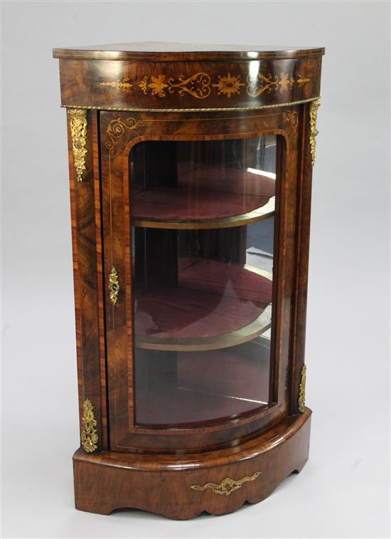 A Victorian figured walnut and marquetry inlaid corner display cabinet, W.2ft 2in.